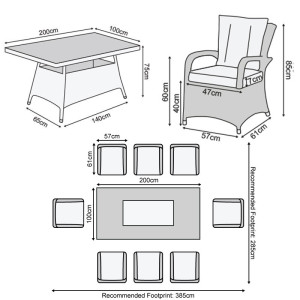 Nova - Mixed Grey Olivia 8 Seat Dining Set with Fire Pit - 2m x 1m Rectangular Table