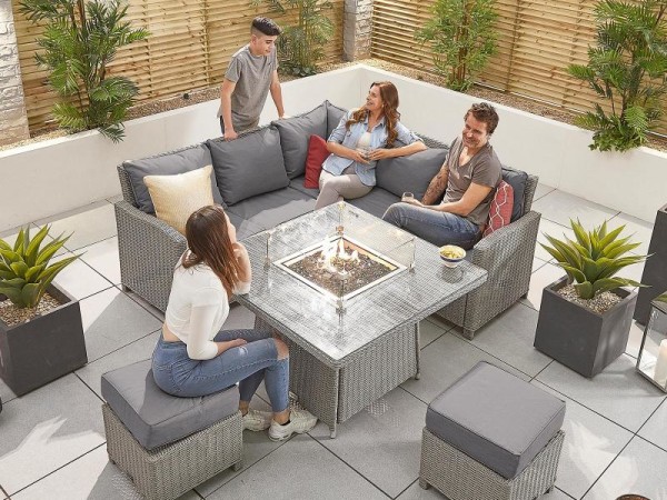 Cambridge Compact Corner Dining Set, Cambridge Compact Patio Furniture Set With Fire Pit Table